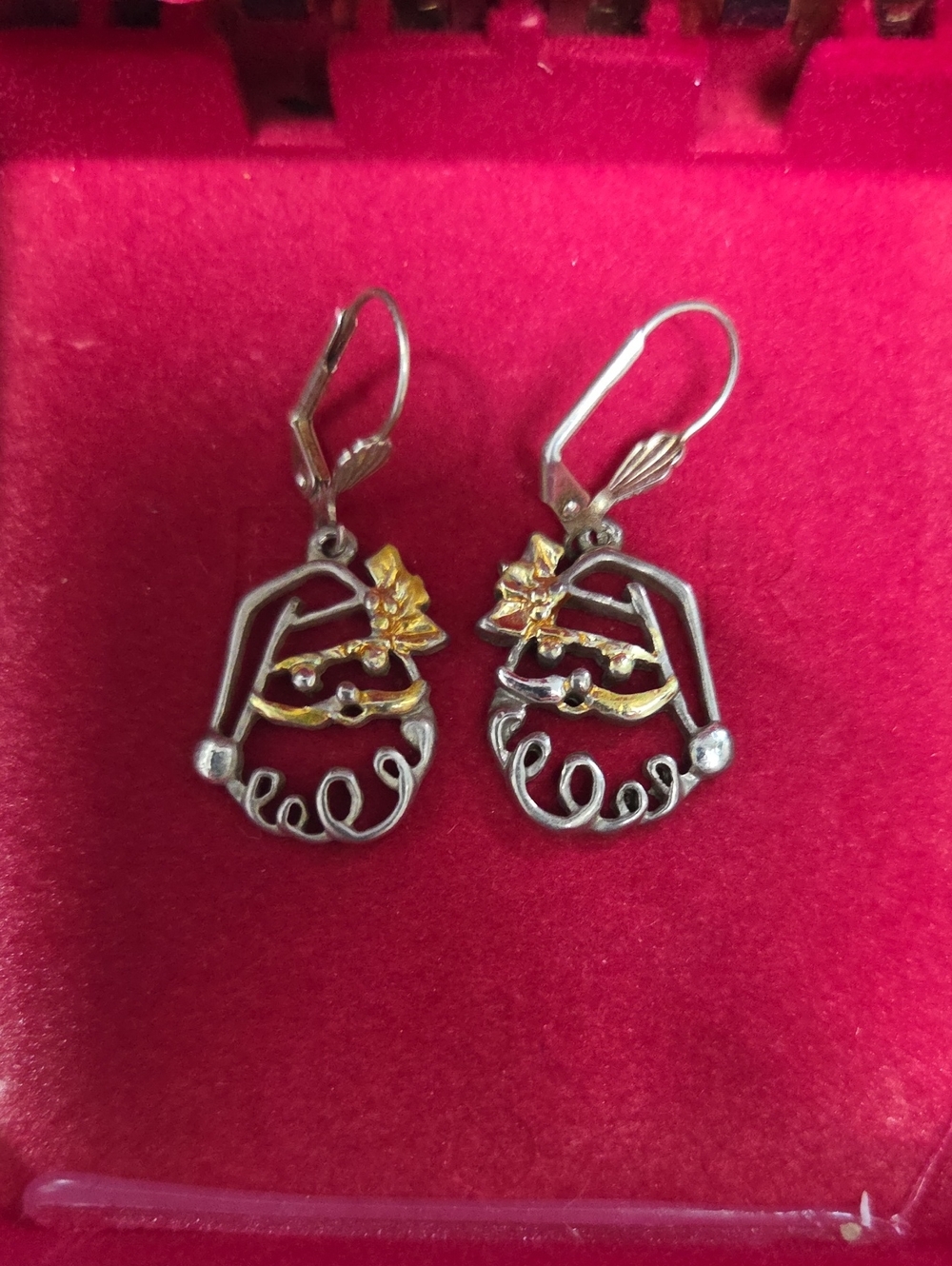 Vintage Two-Tone Silver and Gold Holiday Santa Drop Earrings - Women Jewelry